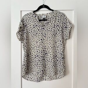 CAbi Cream Blouse with Navy Spot Print V-Neck Spring Business Casual